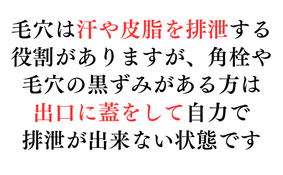 毛穴は汗や皮脂を排泄する
役割がありますが、角栓や
毛穴の黒ずみがある方は
出口に蓋をして自力で
排泄が出来ない状態です