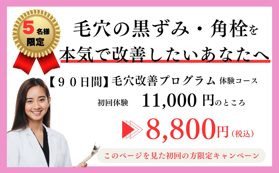 毛穴の黒ずみ・角栓を本気で改善したいあなたへ
90日感毛穴改善プログラム体験コース
初回体験11,000円のところ
8,800円(税込)
このページをみた初回の方限定キャンペーン
