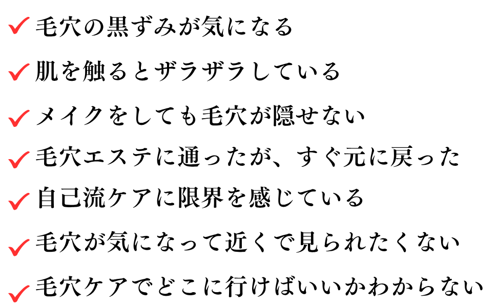こんなお悩みありませんか？
肌を触るとザラザラしている
毛穴を家族や友人に指摘された
メイクをしても毛穴が隠せない
毛穴エステに通ったが、すぐに元に戻った
自己流ケアに限界を感じている
毛穴が気になって近くで見られたくない
毛穴ケアでどこに行けばいいかわからない